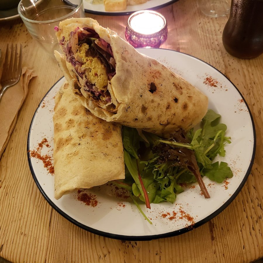 A chicken wrap with salad
